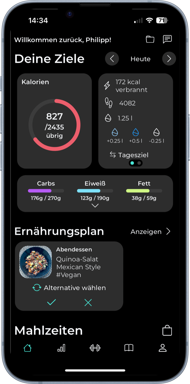App-Startseite mit Tageszielen: Kalorien, Makros, Aktivität und Ernährungsplan