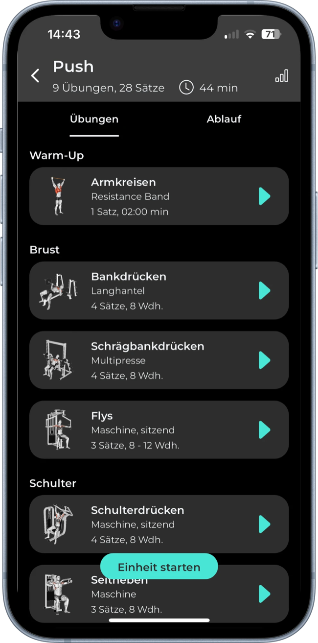 Trainingseinheit in der App: Push-Workout mit Übungen, Sätzen und Wiederholungen
